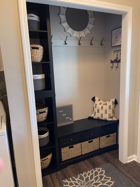 Open Closet Front Entry, Hall Closet Mudroom Makeover, Entryway Closet Into Mudroom, Entryway From Garage To House, Open Closet Ideas Entryway, Entryway Ideas Closet, Front Closet Ideas, Entry Closet Organization Ideas, Utility Closet Ideas