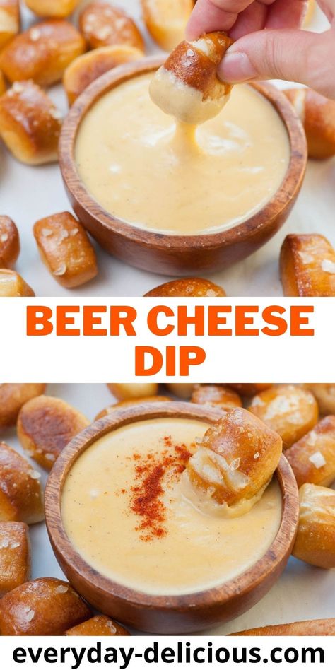 This beer cheese dip is a delicious cheesy sauce perfect for dipping your soft pretzel bites, roasted potato wedges, or tortilla chips. It's made with 3 types of cheese, beer, and spices (but it's totally customizable). This easy appetizer is perfect for game day and will be ready in just 15 minutes! What To Eat With French Baguette, Buffalo Wild Wings Beer Cheese Dip, Simple Beer Cheese Dip, Beer Cheese Dip For Pretzels Easy, Basic Appetizers, Nye Dips, Pretzel Beer Cheese Dip, Beer Cheese Recipe, Melting Potatoes