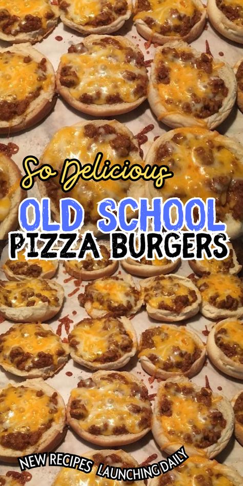 Old School Pizza Burgers Pizza Burger Recipe Homemade, Homemade Pizza Burgers, Recipes With Burger Meat Ground Beef, Hamburger Pizza Recipes, Burger Pizza, Hamburger Bun Pizza, Old School Pizza Recipe, Easy Pizza Burgers, Mini Pizza Burgers