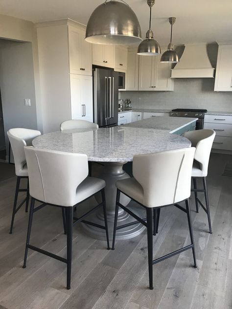 Kitchen Island Pedestal Base, Small Kitchen Island With Seating Modern, Round Island Table, Island With Round Table Attached, Kitchen Island With Round Table At End, Rounded Kitchen Island, Grey Granite Kitchen, Kitchen Island With Table, Island With Table