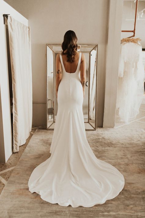 Our Gown Crush from Designer Alyssa Kristin: The Sydney Gown｜a&bé bridal shop Square Neckline Wedding Dress, Simple Bridal Dresses, Sweep Train Wedding Dress, Wedding Gown Backless, Crepe Wedding Dress, Beach Bridal Gown, Open Back Wedding Dress, Pnina Tornai, White Wedding Dress