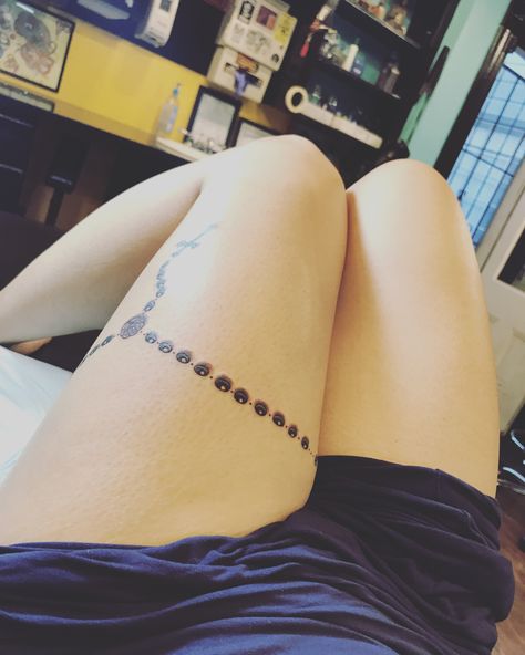 Rosary Tattoo on Thigh Rosary Tattoo Thigh For Women, Thigh Rosary Tattoo, Rosary Tattoo Thigh, Rosary Thigh Tattoo, Rosary Tattoos, Hand Tatts, Tattoo On Thigh, Rosary Tattoo, Chain Tattoo