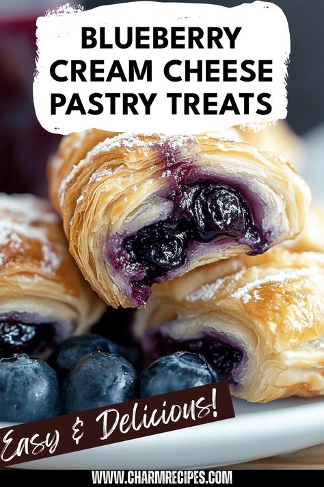 Enjoy these delightful blueberry cream cheese puff pastry treats for a quick dessert or snack! Made with flaky, golden pastry and sweet cream cheese filling, while juicy blueberries add a burst of flavor in every bite. Perfect for breakfast or dessert, these small pastries are easy to prepare and simply delicious. Serve them warm or let them cool and enjoy throughout the week. Ideal for any occasion – family gatherings, brunch, or just because you deserve a sweet treat today. Make a batch and indulge! Snacks Made With Cream Cheese, Christmas Food Ideas Dessert Easy, Pastry Cream Cheese Filling, Blackberry Goat Cheese Puff Pastry, Easy Pastry Breakfast, Puff Pastry French Dessert, Homemade Hot Pockets Puff Pastry, Layered Puff Pastry Dessert, Baked Pastry Recipes