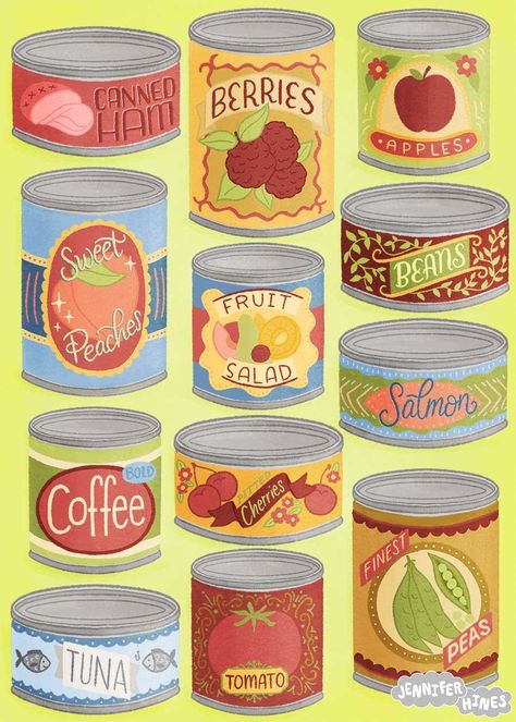 Canned Food Packaging, Vintage Food Packaging, Tin Can Labels, Recipe Book Printables, Vintage Food Labels, Food Lettering, Label Illustration, Menu Illustration, Packaging Illustration