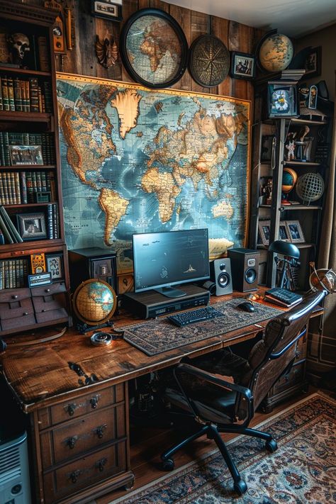 Mens Study Room Ideas, Unique Office Ideas, Explorers Office, Steam Punk Office, Explorer Office, Office Aesthetic Woman, Office Home Ideas, Post Office Interior, Post Office Design