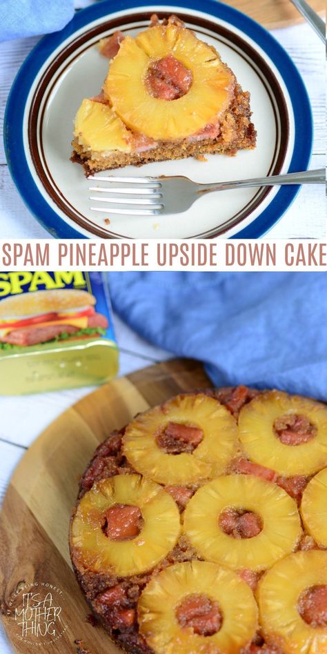 SPAM Pineapple Upside Down Cake | Another weird and wonderful recipe you just have to try! #spam #pineapple #weirdrecipes Upsidedown Pineapple Bundt Cake, Spam Pineapple, Pineapple Upside Down Cake Alcohol Drink, Weird Recipes, Pineallpe Upside Down Cake, Bbq Dessert, Pinneaple Upside Down Cake Recipe Easy, Unusual Recipes, Spam Recipes