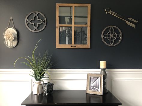 Our formal dining room is coming together nicely with the addition of the Sherwin Williams Inkwell walls above the chair railing. Inkwell Sherwin Williams, Sherwin Williams Tricorn Black, Exterior Home Renovation, Tricorn Black, Black Palette, Dining Room Paint Colors, Accent Wall Ideas, Dining Room Paint, Sherwin Williams Paint Colors