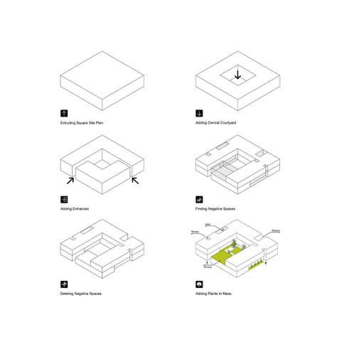 Massing Strategy Architecture, Parti Diagram Interior Design, Solids And Voids In Architecture, Form Generation Architecture Diagram, Form Development Architecture Diagram, Mass Process Diagram, Form Generation Architecture, Form Development Architecture, Circulation Diagram Architecture