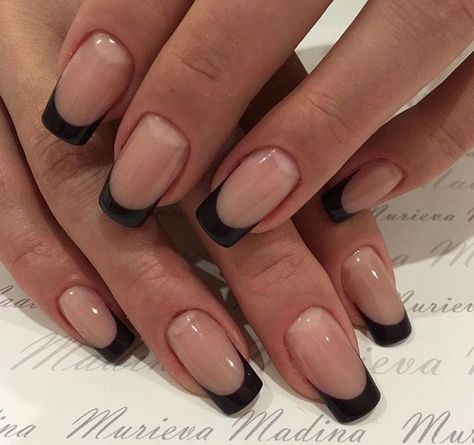 Colored French Tip Nails Acrylics Square, Squoval Nails Black, Square Black French Tip Nails, Black French Tip Nails Square, French Noir, Nails With Black, French Manicure Nails, Subtle Nails, French Tip Acrylic Nails