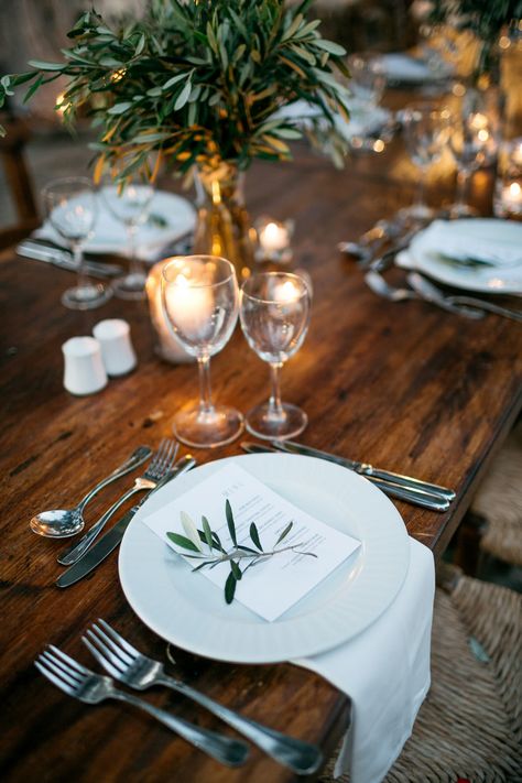 Greek Style Wedding Decor, Simple Greek Wedding, Olive Leaf Wedding Decor, Olive Theme Wedding, Olive Leaf Wedding, Agreco Farm, Greek Wedding Theme, Olive Decor, Dinner Setup