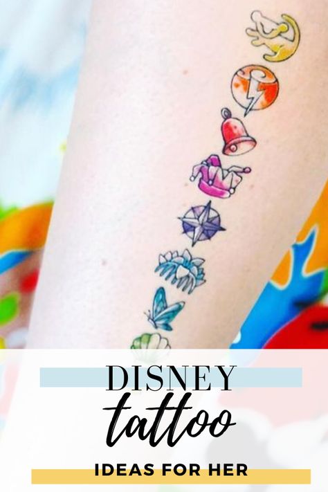 Small Disney Villains Tattoos, Up Tattoo Ideas Disney, Disney Tattoos Meaningful, Disney Collar Bone Tattoo, Disney Princess Symbols Tattoo, Disney Villains Tattoos Ideas, Disney Princess Flower Tattoo, Disney Logo Tattoo, Disney Anklet Tattoo