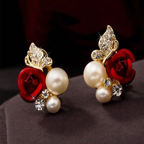 Type: EarringsGem type: crystalMaterial: imitation pearlColor: as shownMaterial: AlloyStyle: popular, fashionableQuantity: 1pair Delysia King 1 Pair Grace Women Trendy Red Rose Butterfly Ear Stud Anti Allergy Pearl High-grade Crystal Bridal Earrings Rose Stud Earrings, Crystal Bridal Earrings, Hari Valentine, Gold Bridal Earrings, Red Rose Flower, Stud Jewelry, Ear Stud, Pearl Jewellery Earrings, Crystal Stud Earrings