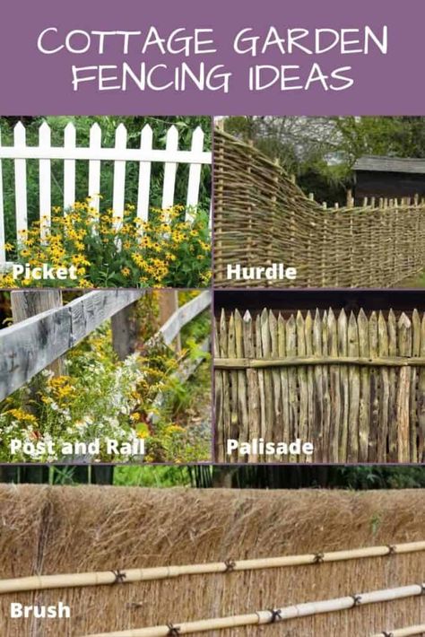 fence ideas for cottage garden style Garden Fences English, Rustic Picket Fence Ideas, Natural Looking Fence Ideas, English Cottage Garden Fence, Cottage Garden Fencing Ideas, Cottage Garden Fences, Fenced In Flower Garden Ideas, Wooden Garden Fence Ideas, Garden Border Fence Ideas