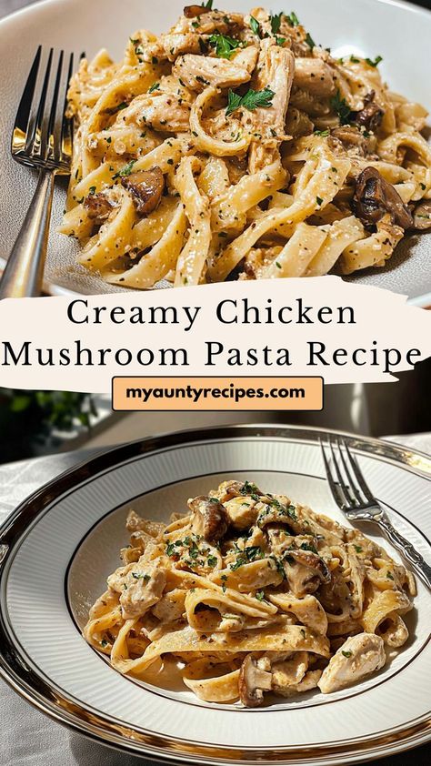 This creamy chicken mushroom pasta recipe is the ultimate comfort food, with juicy chicken, hearty mushrooms, and a smooth, rich sauce. Simple to prepare and full of flavor, it’s a dinner that will quickly become a family favorite. Creamy Chicken Mushroom Pasta Recipes, Chicken Mushroom Ravioli Recipe, Mushroom Pasta With Chicken, Fun Meals To Cook As A Couple, Chicken Alfredo Pasta With Mushrooms, Mushrooms And Chicken Recipes, Chicken And Mushroom Pasta Recipes, Pasta Recipes With Mushrooms, Chicken Mushroom Pasta Recipes