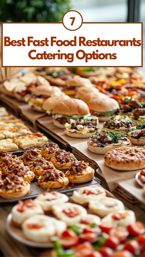 A variety of fast food catering options including burgers, pizza, and healthy choices arranged on a table for a party event. Fast Food For Party, Chic Fil A Catering, Chick Fil A Catering, Best Dipping Sauces, Fast Food Catering, Fast Food Restaurants, Best Fast Food, Catering Options, Food Catering