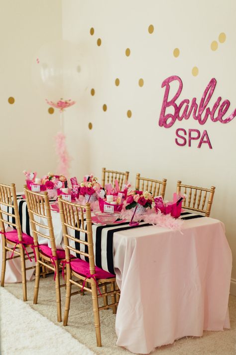 A Glitzy & Glam Barbie Spa Birthday Party // Hostess with the Mostess® Happy Birthday B, Kids Spa Party, Barbie Party Decorations, Barbie Theme Party, Girl Spa Party, Spa Birthday Parties, Spa Birthday, Barbie Birthday Party, Pamper Party