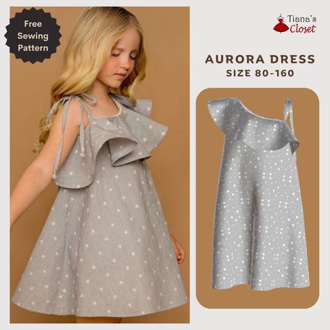 Aurora asymmetrical dress for girls – Free PDF sewing pattern – Tiana's Closet Free Girls Dress Pattern, Kids Dress Pattern, Sewing Kids Clothes Patterns, Kids Dress Sewing Pattern, Toddler Dress Pattern Free, Diy Toddler Dress, Kids Sewing Patterns Free, Princess Dress Patterns, Girls Dress Pattern Free