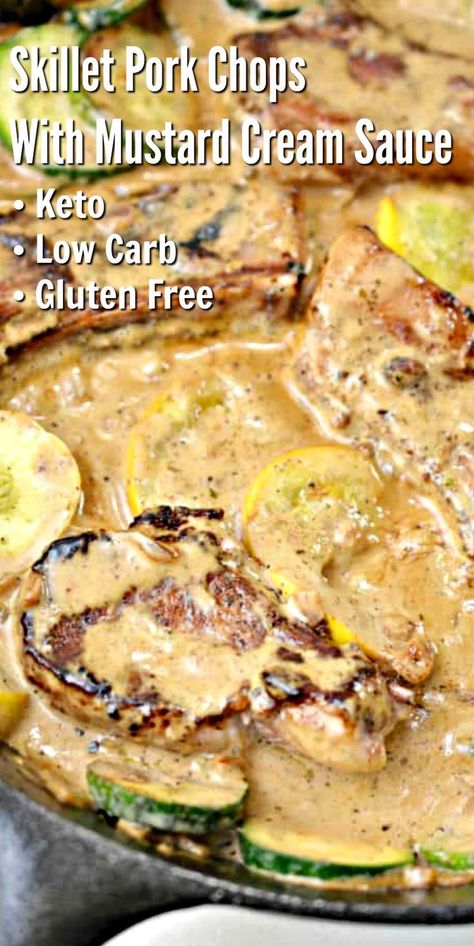 Low Carb Pork Chops, Keto Skillet, Skillet Food, Skillet Pork Chops, Keto Pork Chops, Mustard Cream Sauce, Mustard Pork Chops, Keto Pork, Pork Sauce