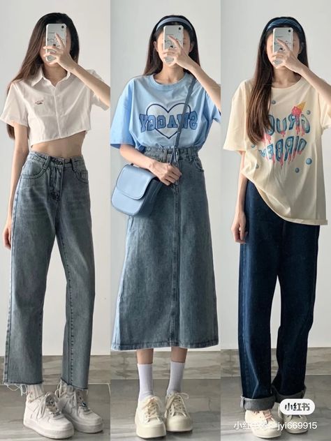 Korean Tshirt Outfit, Mommy Jeans, Korean Tshirt, Fashion Jeans Outfit, Outfit Korean Style, T Shirt Outfit, Tshirt Outfit, Crop Top With Jeans, Outfit Korean