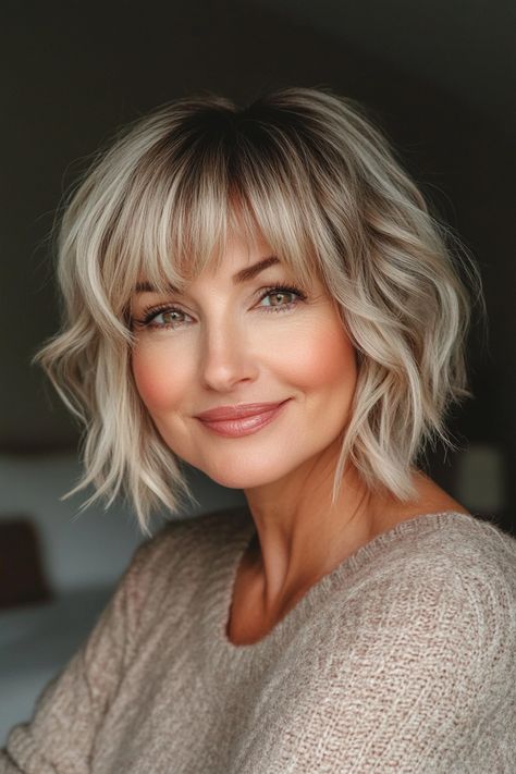 34. Curled Bob with Champagne Blonde Bangs (Hairstyles For Older Women With Bangs) - Hairstyles For Older Women With Bangs Chin Bob With Bangs, Chin Length Hair With Bangs, Shoulder Length Bob With Bangs, Short Blonde Hair With Bangs, Bangs With Glasses, Bob With Fringe Bangs, Colored Bangs, Shoulder Length Hair With Bangs, Medium Shag Hairstyles