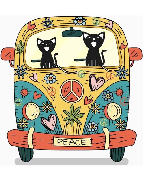 This waterproof sticker measures approximately 4” tall and can be applied to any smooth surface. It is contour cut to the design with a white border. Retro Clipart, Beach Sunset Painting, Hippie Designs, Hippie Bus, Hippie Van, Animal Doodles, Boho Hippie Chic, Happy Hippie, Wall Drawing