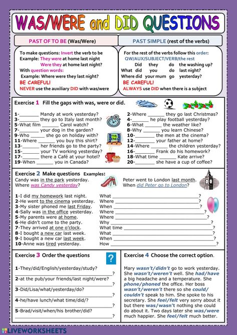 Past simple questions interactive and downloadable worksheet. You can do the exercises online or download the worksheet as pdf. Simple Past, Simple Past Tense, Grammar For Kids, Past Simple, Basic Grammar, English Exercises, Teaching English Grammar, Simple Questions, English Grammar Worksheets