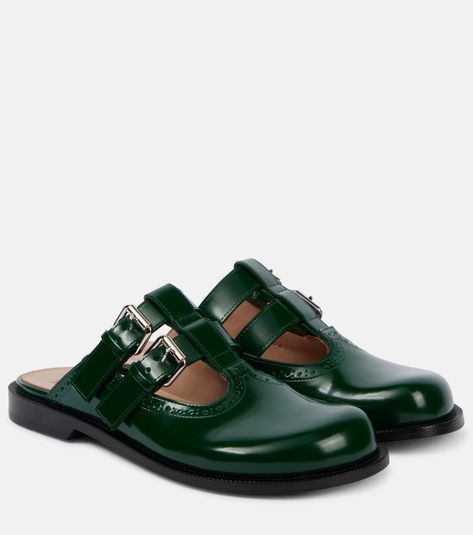 Campo brushed leather mules in green - Loewe | Mytheresa Olive Green Leather Shoes, Loewe Shoes, Paris May, Sterling Silver Drop Earrings, Evening Shoes, Green Item, Leather Mules, West End, Silver Drop Earrings