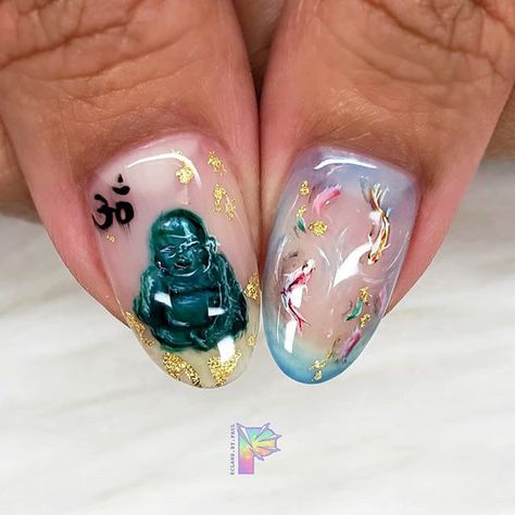 Claws By Paula | Claws.by.paul в Instagram: «Oh my Buddha! 🎋🎏⛩ I hand painted Jade Buddha and koi pond on @welcome.to.the.chungle 😁✌🖤 __ Using @bioseaweedgel and @prestogel…» Buddha Nails, Cartoon Network Nails, Nails Spiritual, Spiritual Nails Designs, Spiritual Nails, Nail Aesthetic, Aqua Nails, Jade Buddha, Clear Lip Gloss