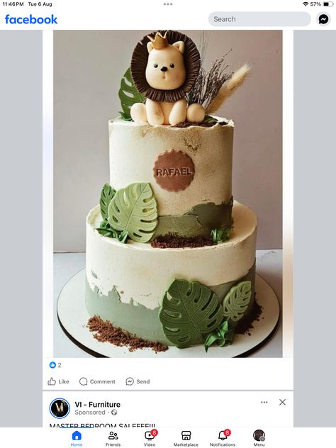 Cake With Lion, Easy Safari Cake, Safari Jungle Birthday Cake, Wild One Birthday Cake Ideas, Simple Jungle Cake, Lion Cake Birthday, 2 Wild Birthday Cake, Safari Cake Birthday, Simple Jungle Theme Cake