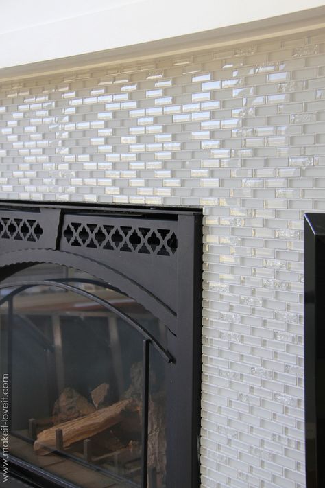 White Fireplace Tile, Tile On Fireplace, Glass Tile Fireplace, Laying Tile, Fireplace Walls, Tiled Fireplace, How To Lay Tile, Tile Fireplace, Brick Fireplace Makeover