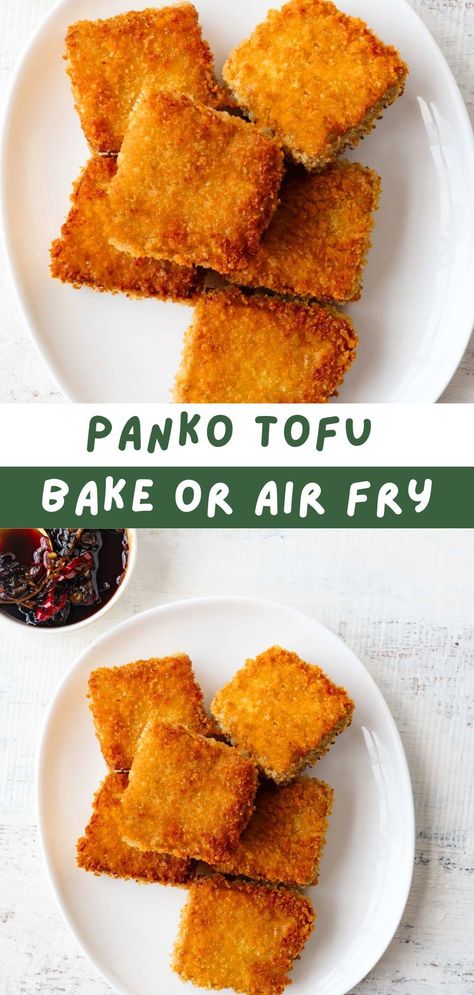 This Panko Tofu recipe is quick and easy to make. Air fry or bake for a healthy appetizer or main dish. Gluten-free and oil-free options, crispy and healthy, with a lightly sweetened tangy sauce. This egg-free vegan recipe uses crushed cornflakes or panko for the crust. Panko Tofu Baked, Panko Crusted Tofu Air Fryer, Great Tofu Recipes, Crispy Tofu Panko, Tofu Panko Recipes, Easy Fried Tofu, Crispy Bbq Tofu, Panko Tofu Air Fryer, Oil Free Tofu Recipes