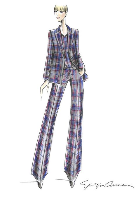 The Spring Tartan collection by Giorgio Armani | Vogue Paris Fashion Schetches, Arte Aries, Designer Sketches, Costume Illustration, Women Office Outfits, Fashion Illustration Face, Design Motivation, Armani Fashion, Tartan Fashion