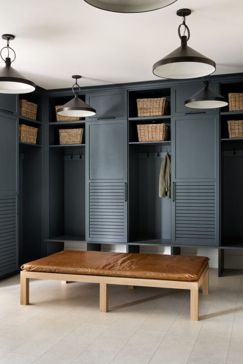 Water's Edge - Studio McGee Black Mudroom, Mudroom Dog Room, The Mcgee Home, Barn House Interior, Mcgee Home, Brown Leather Top, Black Shutters, Bunk Rooms, Black Shelves