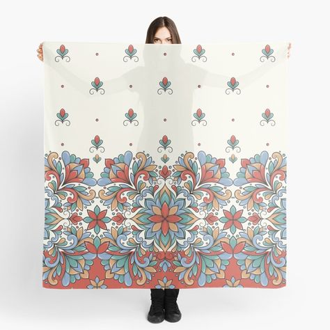 "Happiness. Red, turquoise and beige decorative floral pattern. Vintage leaves ornament. Folk elements. Design # 180920." Scarf by Annartlab | Redbubble #shawl #neckerchief #bandana #apparel #hijab #style #scarves #woman #kerchief #pareo #gift #clothes #elegant #cravat #trends #handkerchief #neck #classic #fashion #modern Handkerchief Neck, Style Scarves, Floral Pattern Vintage, Gift Clothes, Vintage Leaves, Jungle Art, Elements Design, Leaf Ornament, Architecture Drawing Art