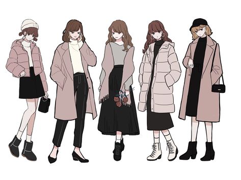 Cute Winter Outfits Drawing, Winter Outfits Reference Drawing, Winter Outfit Illustration, Winter Outfits Art, Anime Winter Outfit, Winter Outfit Drawing, Winter Outfits Drawing, Winter Clothes Drawing, Japanese Winter Fashion