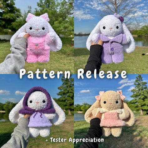 Bunny clothing patterns are now available on my Etsy! 💗🎀🌸 link in bio ☁️ big thank you to all my talented testers for helping me perfect this pattern and for creating these adorable bunnies in outfits! 💕 they’re all tagged so be sure to check them out! 🤍 tag me in your creations if you decide to purchase, I would love to see! 🫧 all your support is greatly appreciated 🫶🏻 How To Crochet Clothes For Stuffed Animals, Crochet Toothless, Adorable Bunnies, Big Bunny, Bunny Outfit, Crochet Doll Clothes, Crochet Stuff, Crochet Bunny, Crochet Art