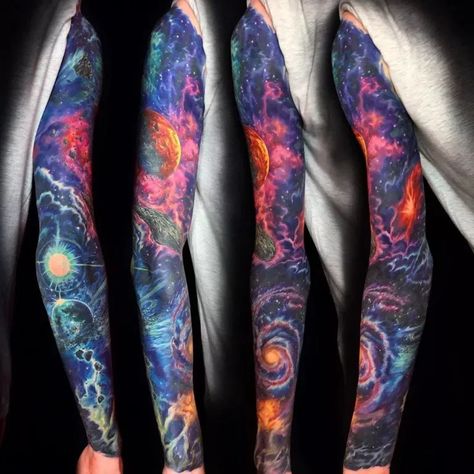 Space Full Sleeve Tattoo, Galaxy Leg Tattoos Women, Galaxy Leg Sleeve, Galaxy Arm Sleeve Tattoo, Pec Tattoo, Space Sleeve Tattoo, Cosmic Tattoos, Space Tattoo Ideas, Galaxy Tattoos