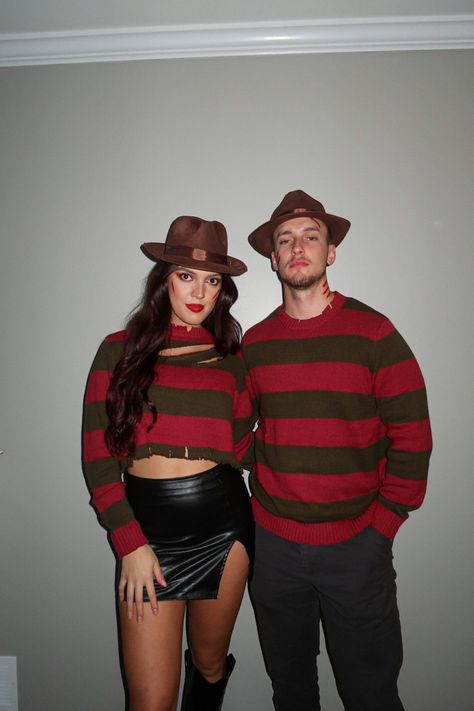 Freddy Krueger Costumes Couples, Mrs Freddy Krueger Costume, Unpopular Couple Costumes, Freddie Kruger Couple Costume, Freddy Krueger And Jason Couple Costume, Couple Freddy Kruger, Freddy Couple Costume, Couple Halloween Costumes Diy Easy, Bf And Gf Costume Ideas