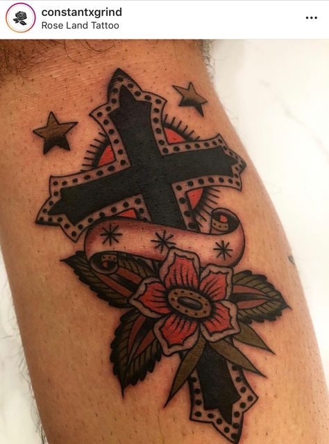 Rosary Tattoo Traditional, American Traditional Cross Tattoo, American Traditional Religious Tattoo, Traditional Crucifix Tattoo, Traditional Tattoo Band, Traditional Cross Tattoo, Christian American Traditional Tattoos, Traditional Tattoo Cross, Americana Tattoo