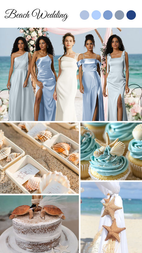 Explore elegant blue bridesmaid dresses perfect for beach weddings. Discover stylish options that enhance your seaside celebration! Beach Wedding Ideas Colors, Baby Blue Bridesmaid, Beach Wedding Color Palette, Navy Blue Suit Wedding, Wedding Brides Maid, Baby Blue Bridesmaid Dresses, Navy Blue Wedding Theme, Wedding Color Palette Ideas, Pastel Wedding Theme