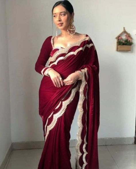 Velvet Saree only at 2200rs Details 👇 👇 👇 👇 WhatsApp me 9890979898 Presenting You Most Beautiful Latest Ready To Wear Saree Code HC-864 Fabric Details Saree : Premium 9000 Velvet With Heavy Work Double Lace Border Work( Ready To Wear ) Blouse : Premium 9000 velvet With Double Work Lace ( Unstitched 1 Mtr ) Size Details Saree : 28-42 Blouse : Unstitched Note 9000 Velvet Best Quality Full Original Weight 1.5 kg _Free Shipping! Returns Available! Velvet Saree Look, Wine Red Saree, Heavy Border Saree, Heavy Saree, Velvet Saree, Fancy Sarees Party Wear, Border Saree, Heavy Work, Ready To Wear Saree