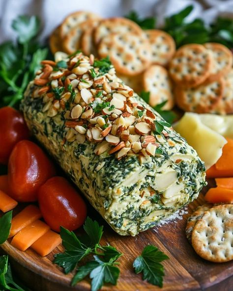 Cheese Log, Canned Artichoke Hearts, Savory Cheese, Spinach Artichoke Dip, Chopped Spinach, Artichoke Dip, Spinach Artichoke, Toasted Almonds, Christmas Appetizers