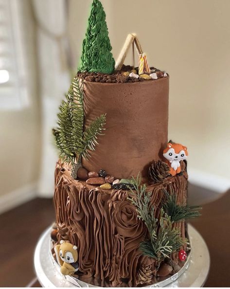 Bigfoot Cake Birthday, Wilderness Cake, Camping Cake Ideas, Camping Theme Cakes, Bonfire Cake, Camper Cakes, Cake Base Recipe, Camping Cake, Campfire Cake