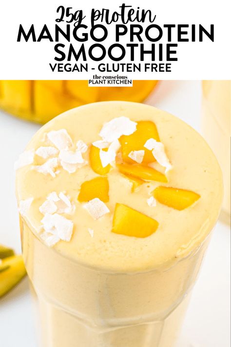 Mango Protein Smoothie Recipe, Healthy High Protein Smoothies, Mango Protein Smoothie, Low Calorie High Protein Snacks, Vanilla Protein Smoothie, 25 Grams Of Protein, High Protein Smoothie Recipes, High Protein Yogurt, Protein Powder Smoothie