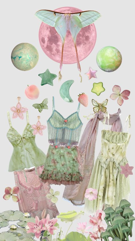 #myfirstshuffle Luna moth outfit pink and green fairy inspo collage Moth Outfit, Kida Disney, Inspo Collage, Pink Moth, Fairy Outfit, Green Fairy, Mermaid Aesthetic, Fairy Aesthetic, Concept Clothing