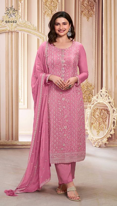 KSB 68466 SINGLES AVAILABLE Fabrics Details :- TOP - Heavy Chinon Silk Sleeves - Heavy Chinon Silk INNER Attached Santoon Silk Length - Max Up to 44” Size - Max Up to 58” BOTTOM - Heavy Santoon Silk DUPATTA - Heavy Chinon Silk WORK - Multi Thread With Sequence Embroidery Stich Work Type - Material Weight - 1.00 Kg Prachi Desai, Designer Salwar Kameez, Pink Thread, Palazzo Suit, Designer Suit, Designer Salwar, Patiala Salwar, Silk Bottoms, Designer Salwar Suits