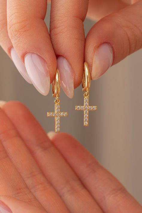 Cross Gold Earrings, Hoop Earrings With Cross, Dangly Cross Earring, Cross Dangle Earrings, Cross Earrings Women, Jewelry Inspo Gold Earrings, Cross Hoop Earrings, Elegant Cross Hoop Earrings Gift, Gold Cross Pendant Earrings As Gift