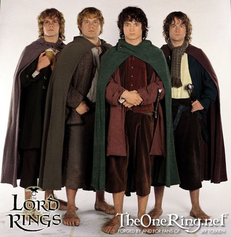 Lord of the Rings | Hobbits • Merry (Meriodoc Brandybuck); Sam (Samwise Gamgee); Frodo (Frodo Baggins); Pippin (Peregrin Took) Modern Hobbit, Hobbit Cosplay, Hobbit Costume, Lord Of Rings, Hobbit Party, Lotr Costume, Merry And Pippin, Lotr Cast, Samwise Gamgee