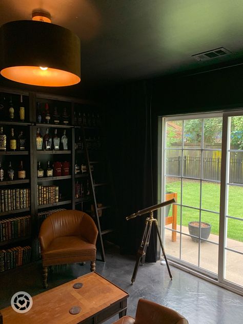 Bourbon Man Cave, Smokers Lounge, Dark Moody Man Cave, Library Whiskey Room, Moody Guitar Room, Cigars And Whiskey Office, Cigars Lounge, Modern Man Cave, Masculine Interior Design