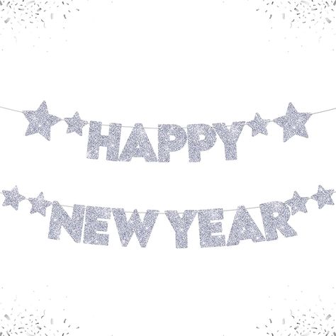 Diy Nye Decorations, Happy New Year Sign, Diy Nye, New Year Sign, Happy New Year Signs, Nye Decorations, Silver Garland, New Year Decorations, Happy New Year Banner